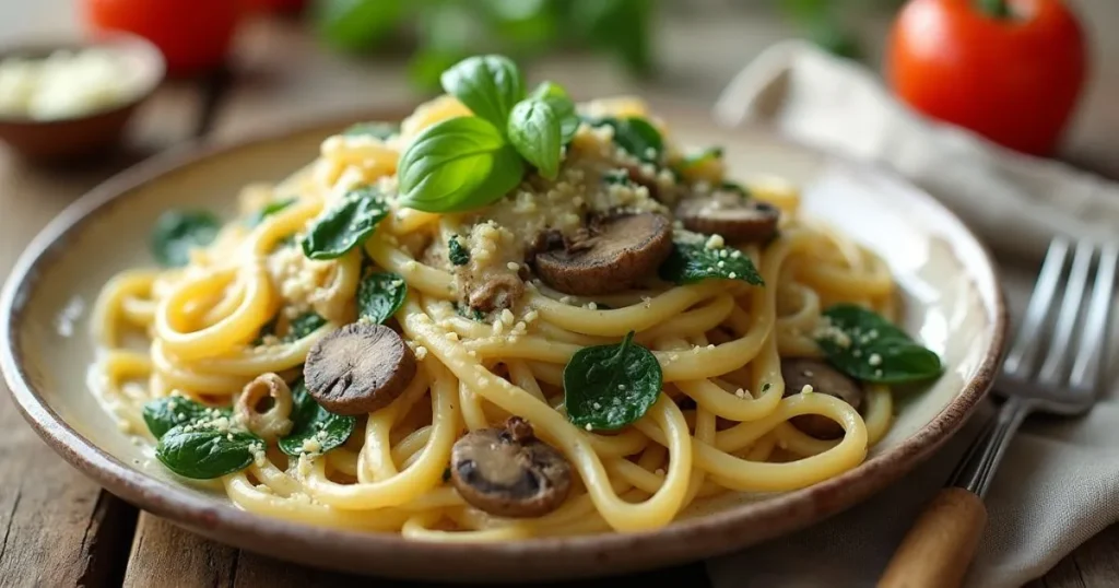 Creamy Spinach and Mushroom Pasta/easy dinner ideas for picky eaters 