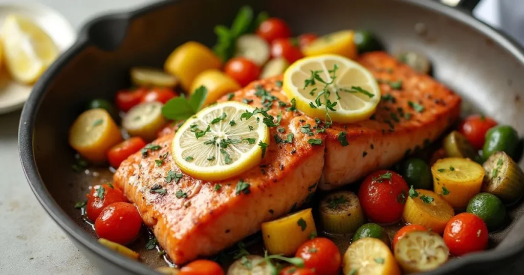 One-Pan Baked Lemon Garlic Salmon with Roasted Vegetables/easy dinner ideas for picky eaters