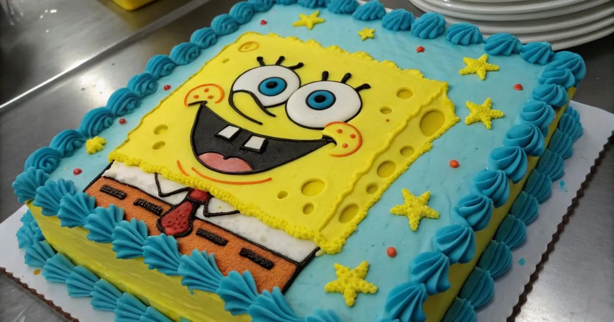 A colorful SpongeBob Cake featuring SpongeBob CakePants' cheerful face, with bright yellow frosting, vibrant blue eyes, and iconic red tie details.