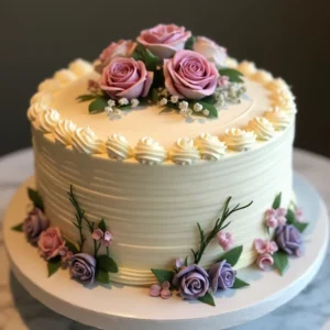 A beautifully decorated 8-inch cake with vibrant frosting, fresh flowers, and candles, perfect for a celebration centerpiece.