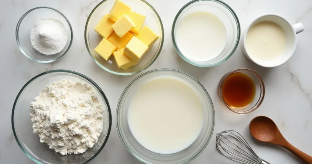 Ingredients for an 8-inch cake arranged neatly on a kitchen counter, including flour, sugar, eggs, butter, and vanilla extract