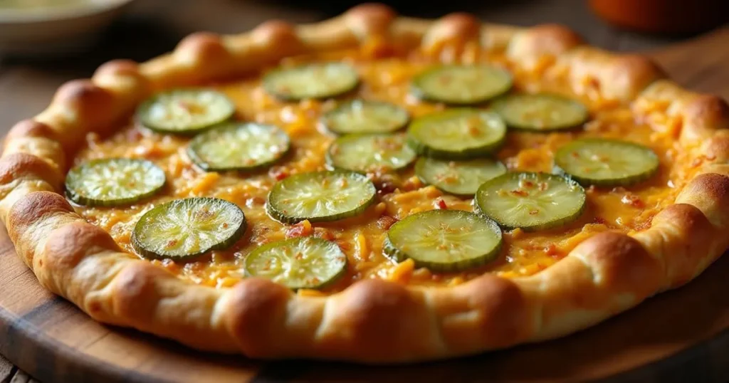 Golden Pickle Pie Pizza with creamy base, mozzarella cheese, dill pickles, and a crispy crust.