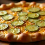 Golden Pickle Pie Pizza with creamy base, mozzarella cheese, dill pickles, and a crispy crust.