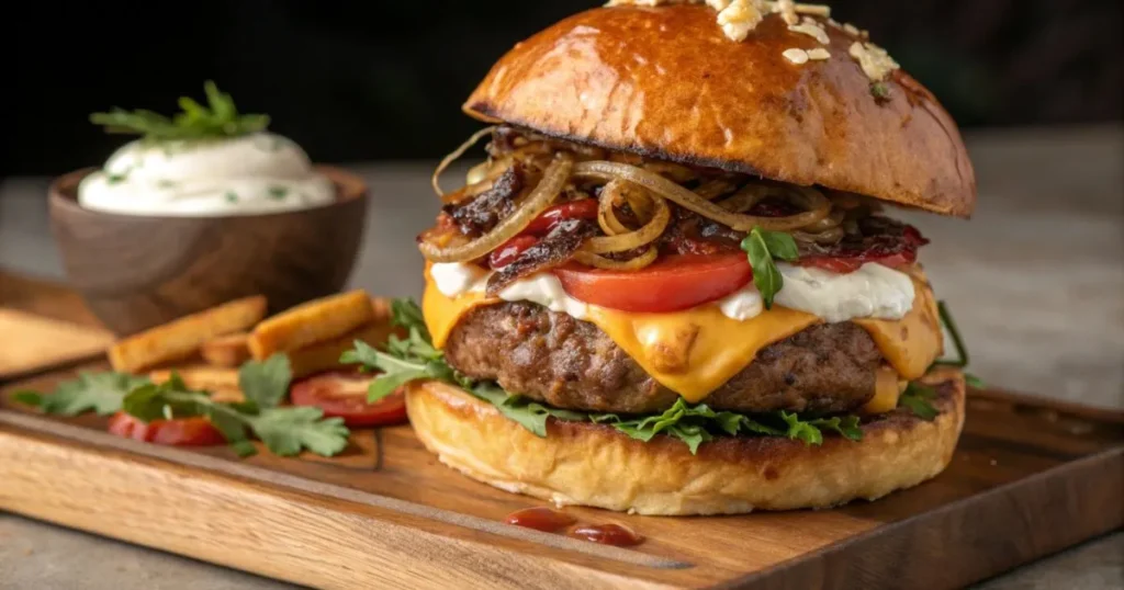 Delicious Wagyu burger with a juicy patty, fresh vegetables, and a toasted bun