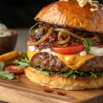 Delicious Wagyu burger with a juicy patty, fresh vegetables, and a toasted bun