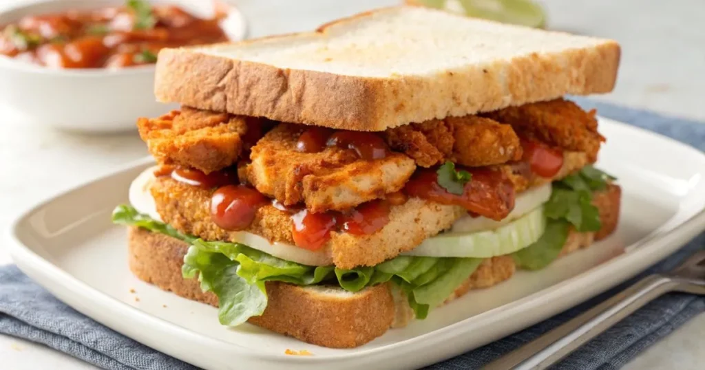 A spicy chicken knob sandwich featuring crispy chicken, spicy mayo, lettuce, and pickled jalapeños, served on a toasted bun with a side of fries.