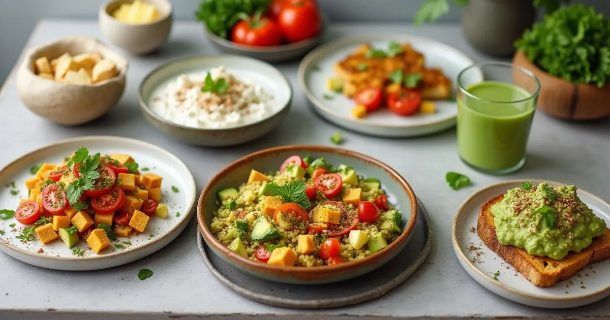 A colorful spread of Low-Carb Vegan Recipes Breakfast dishes including avocado toast, chia seed pudding, and a smoothie bowl.