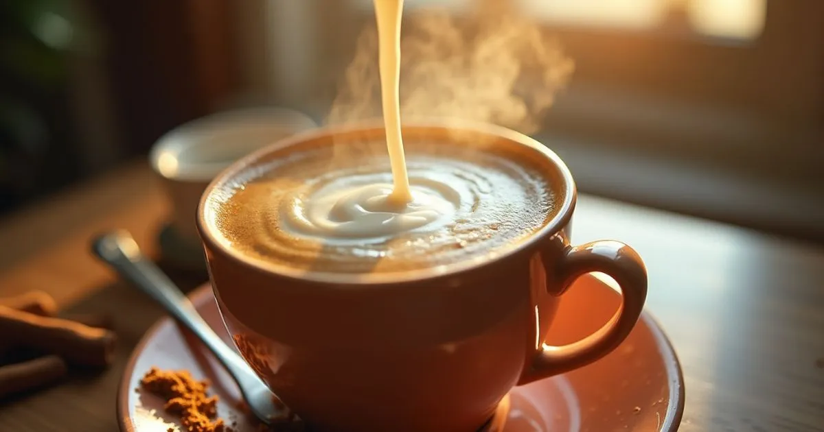 Heavy Cream in Coffee Benefits: A creamy cup of coffee with heavy cream swirling for a smooth texture and rich flavor