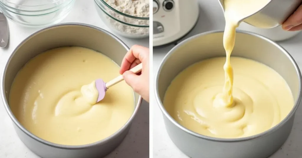 Step-by-step process of making an 8-inch cake, showing cake batter being poured into a round 8-inch cake pan