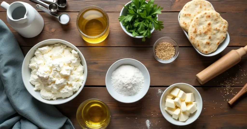 Ingredients for cottage cheese flatbread: flour, cottage cheese, olive oil, baking powder, and fresh herbs