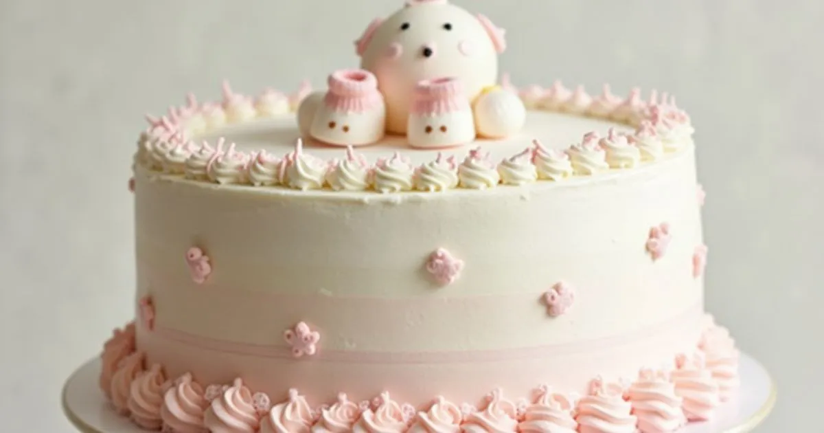 Colorful and elegant baby shower cake decorated with soft pastels, featuring baby-themed accents and delicate frosting