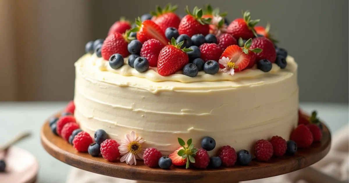 A freshly baked 8-inch cake decorated with buttercream frosting and fresh berries, placed on a wooden cake stand.