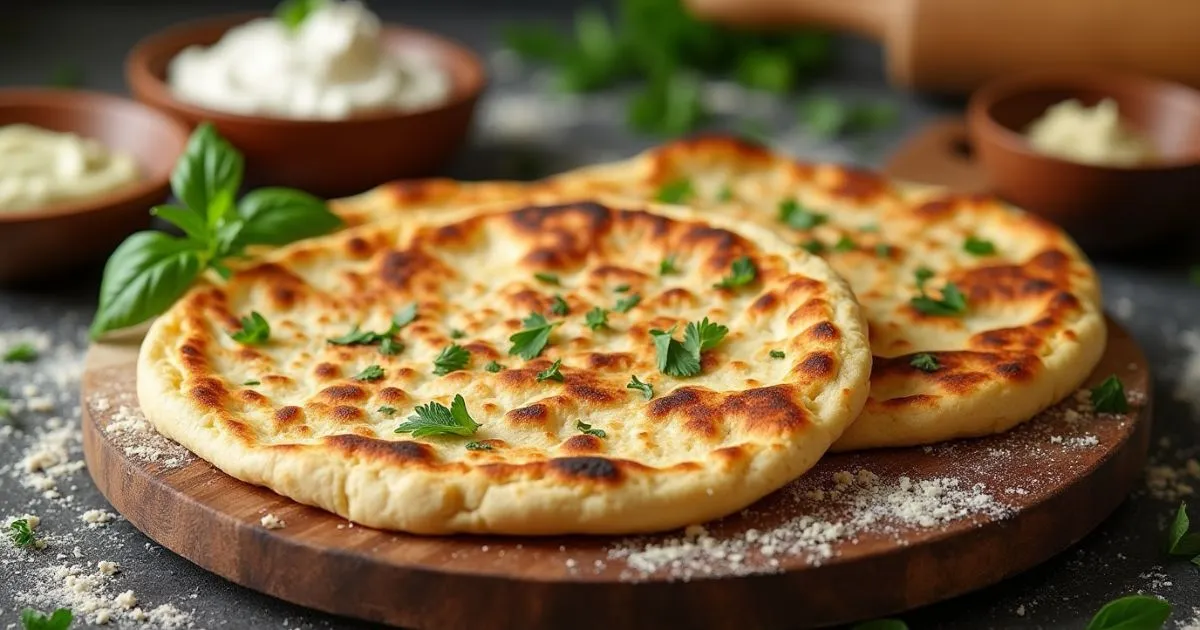 Cottage Cheese Flatbread : Freshly baked flatbread served with dips and garnished with herbs.