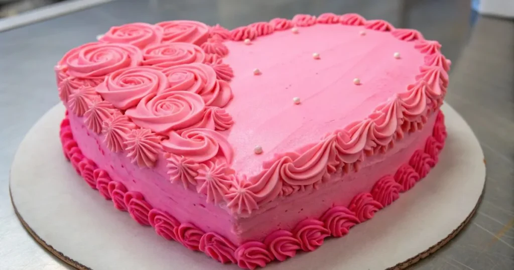 Heart shaped cake decorated with smooth frosting and romantic accents for Valentine’s Day or anniversary