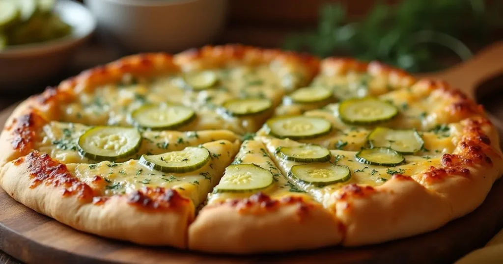 Classic Dill Pickle Pizza with mozzarella cheese, cream cheese base, and dill pickle slices on a golden crust.