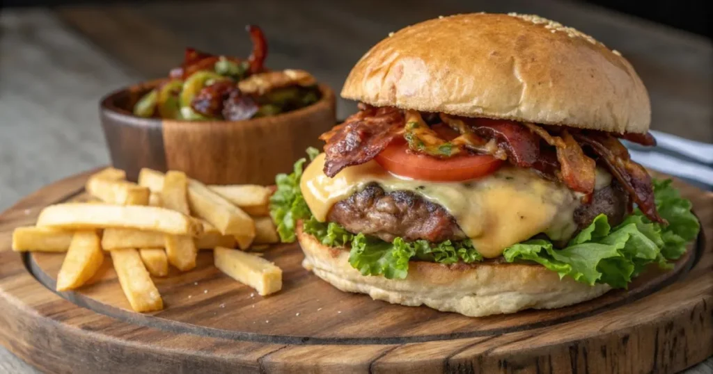 Perfectly cooked Wagyu burger with a tender patty, fresh vegetables, and a soft, toasted bun.