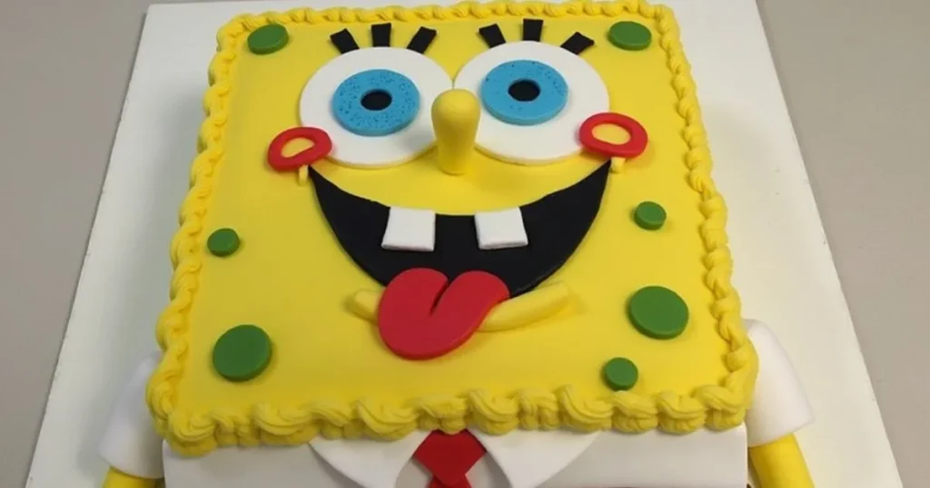 A simple SpongeBob cake decorated with yellow frosting, featuring his large eyes, smile, and signature red tie for a fun and easy birthday treat.