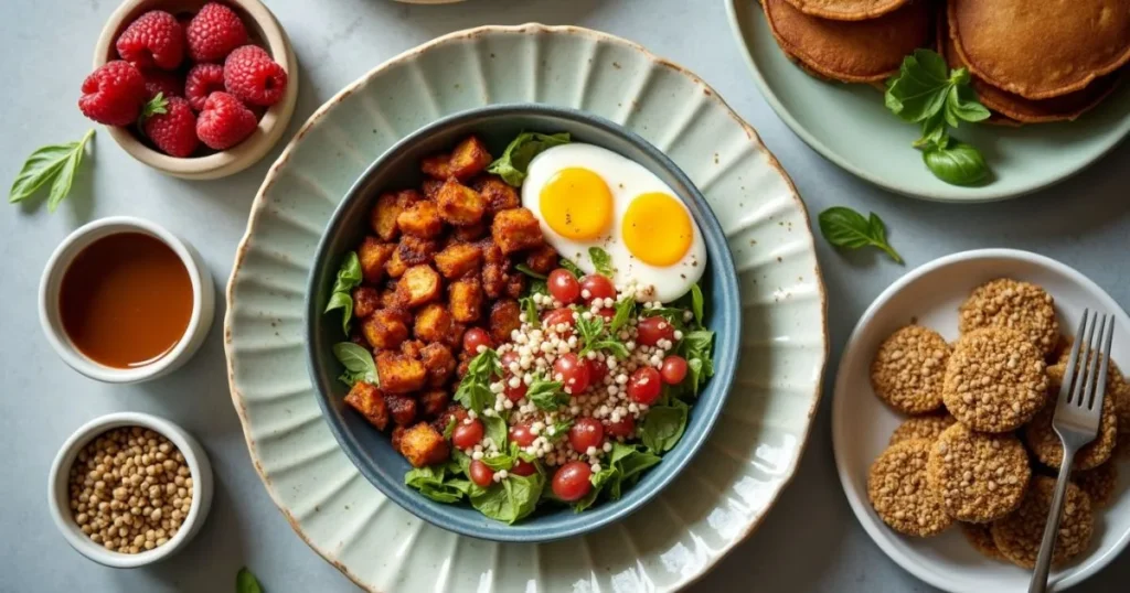 A nutritious selection of high-protein low-carb vegan breakfast dishes, featuring tofu scramble, protein-packed smoothie, and chia seed pudding.