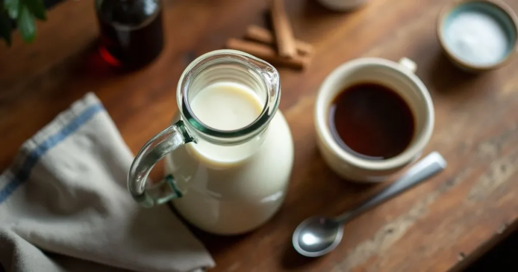 Ingredients for heavy cream in coffee: heavy cream, coffee, and optional flavorings like vanilla and cinnamon