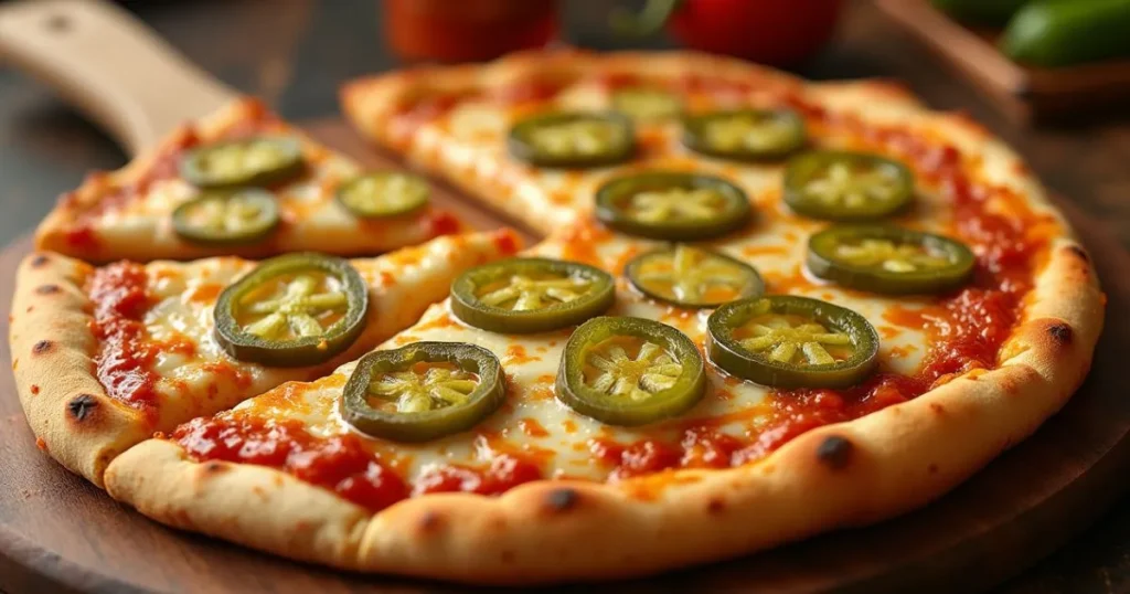 Spicy Pickle and Jalapeño Pizza with mozzarella, cheddar cheese, spicy pickles, and jalapeño slices on a golden crust.