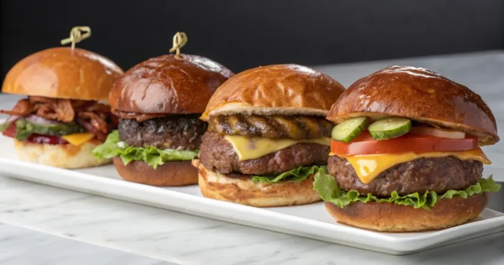 Wagyu burger with the best buns and toppings, including fresh lettuce, tomato, caramelized onions, and melted cheese