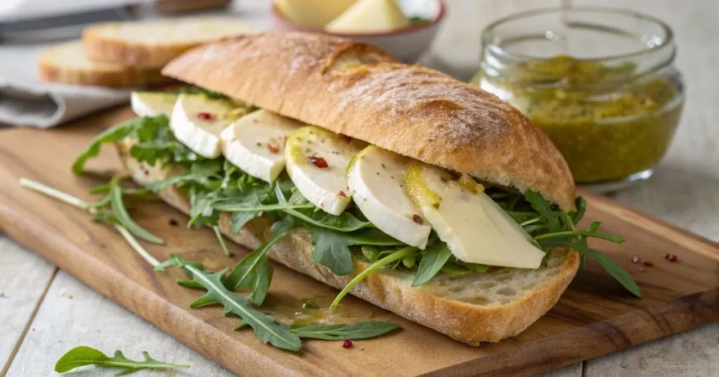 A gourmet knob sandwich featuring artisan bread, tender steak slices, arugula, caramelized onions, and truffle aioli, served on a wooden board with garnish.