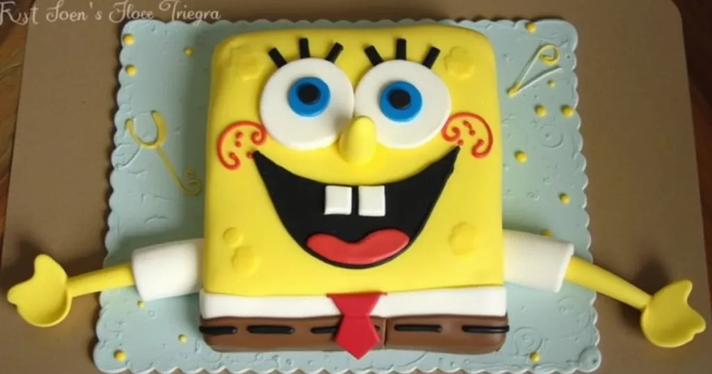 A creative SpongeBob cake with detailed decorations, including a 3D fondant SpongeBob, his iconic red tie, and square pants, perfect for an imaginative birthday party.