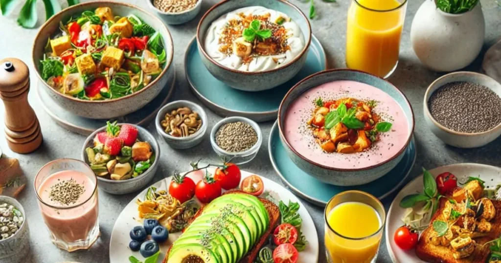 A colorful array of customizable low-carb vegan breakfast options, including avocado toast with various toppings, smoothie bowls with diverse ingredients, and chia pudding with unique flavors.