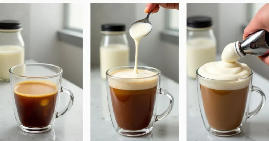 Step-by-step process of making coffee with heavy cream: brewing, adding cream, and stirring