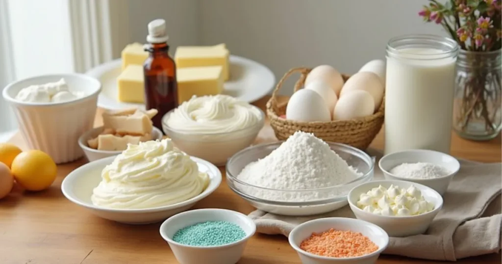 A variety of fresh ingredients for a baby shower cake, including flour, butter, eggs, and vanilla extract