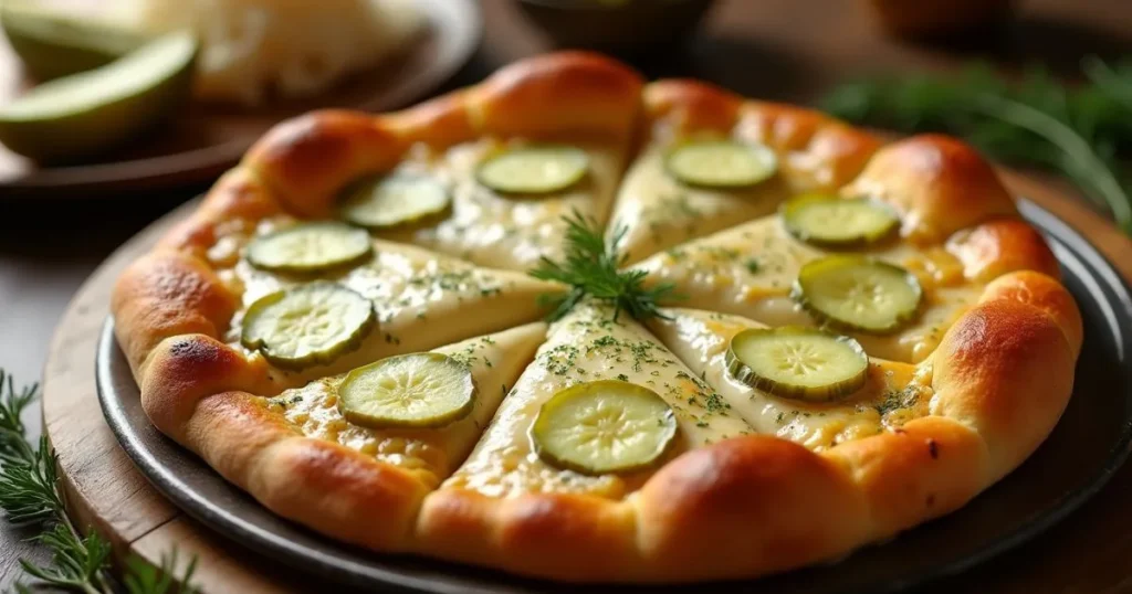 Cheesy Pickle Lover’s Pizza with cream cheese base, mozzarella, Parmesan cheese, and dill pickle slices on a golden crust.