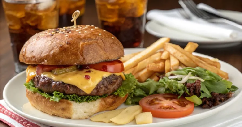 A Wagyu burger served with crispy fries and a cold drink, perfect pairings for a gourmet meal.