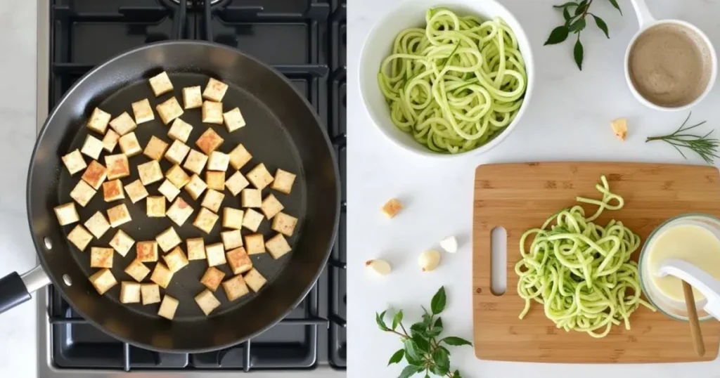 Step-by-step process of making lazy vegan keto recipes, showing ingredients being mixed and prepared.