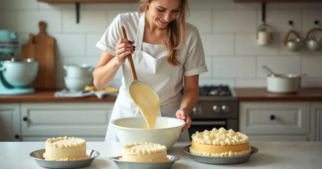 Step-by-step process of making a baby shower cake, with cake batter being poured into a pan