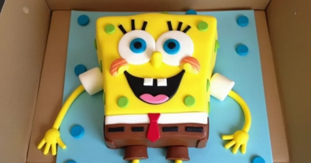 A perfectly decorated SpongeBob cake with vibrant yellow frosting, detailed facial features, and intricate fondant decorations, ideal for a themed birthday celebration.