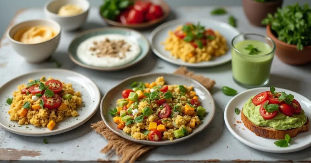 A vibrant spread of quick and easy low-carb vegan breakfast dishes, including a smoothie bowl, avocado toast, and almond flour pancakes.