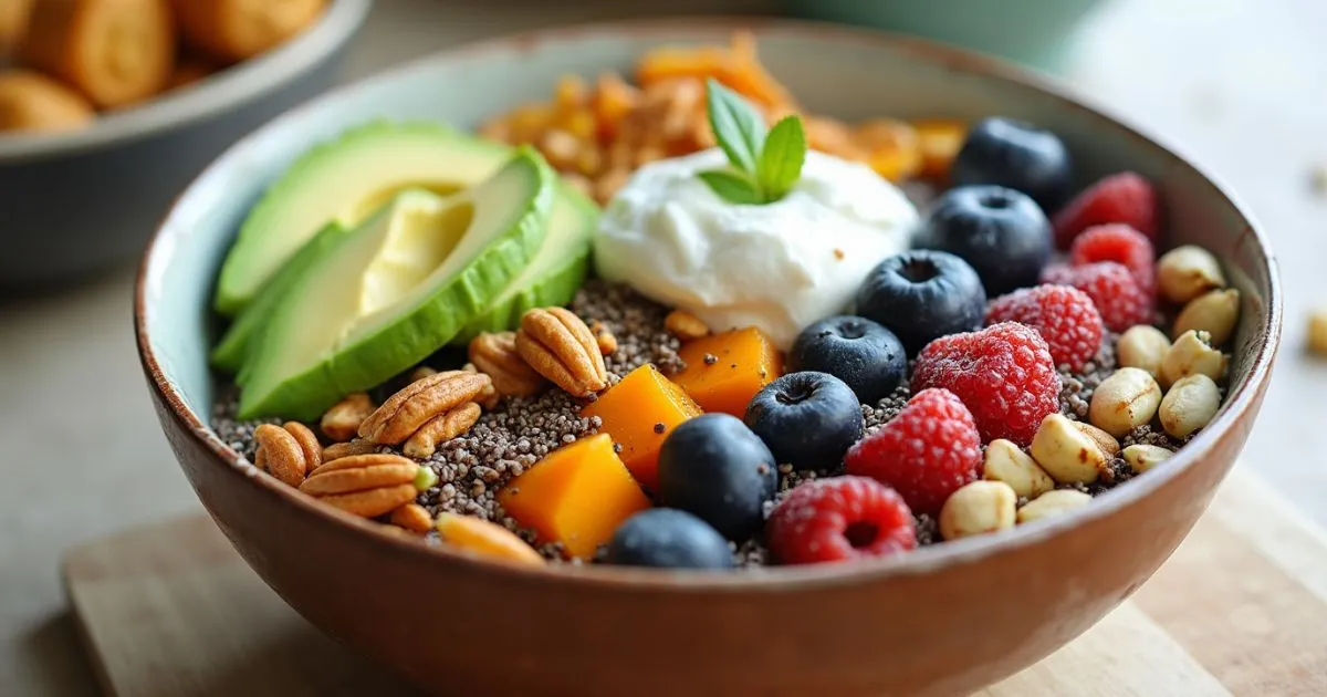 Vegan Keto Breakfast Bowl with avocado, berries, chia seeds, and almond butter, perfect for a healthy start to the day.