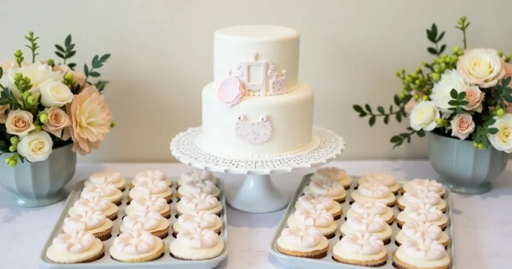 Beautifully arranged baby shower cake served with matching cupcakes, fresh flowers, and delicate plates.