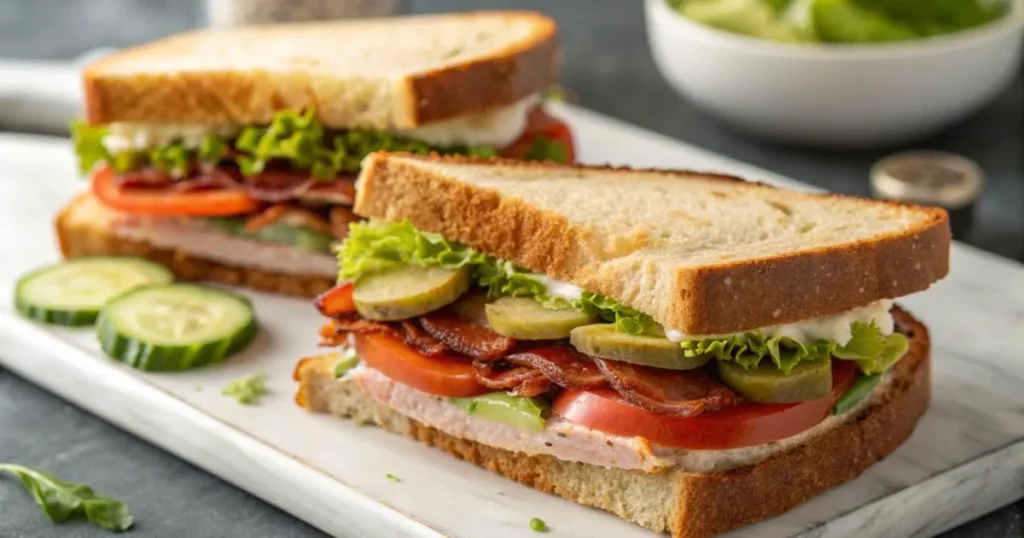 A vegan knob sandwich with fresh avocado slices, roasted vegetables, leafy greens, and a creamy hummus spread, served on whole-grain bread