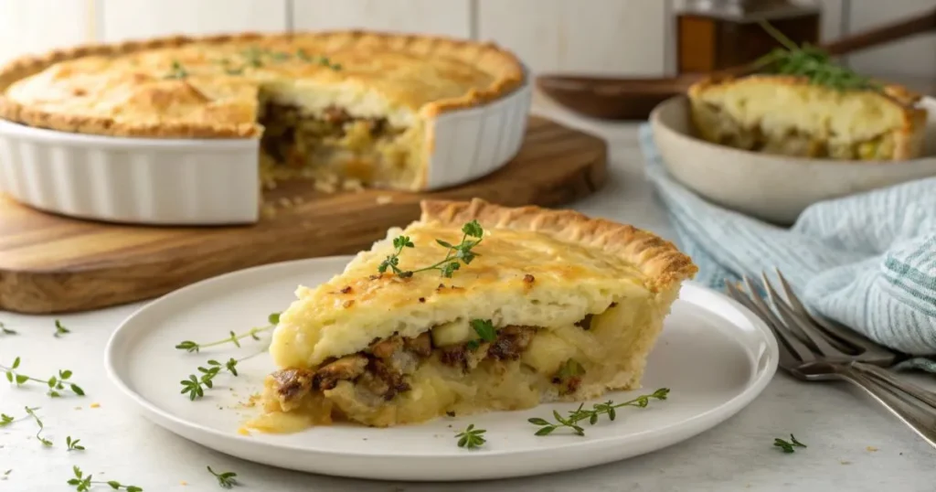 Classic Passover Potato Pie served on a festive table with traditional side dishes.