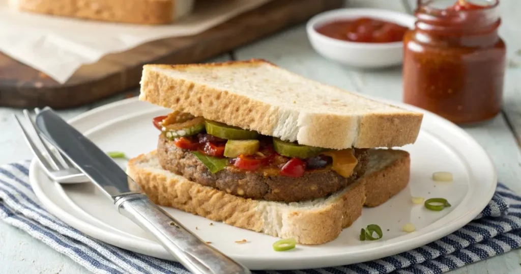 A freshly prepared knob sandwich featuring thick slices of bread, tender roast beef, caramelized onions, lettuce, and tangy mustard on a wooden cutting board.