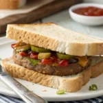 A freshly prepared knob sandwich featuring thick slices of bread, tender roast beef, caramelized onions, lettuce, and tangy mustard on a wooden cutting board.