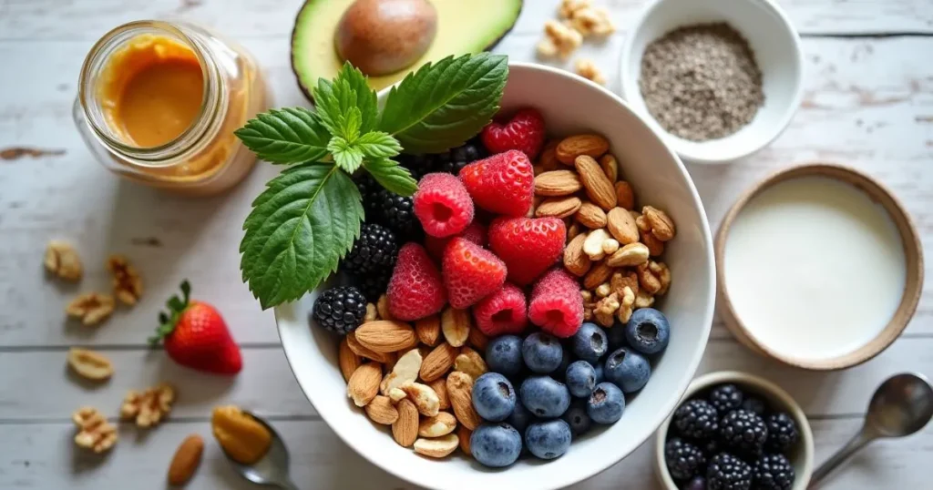  Ingredients for a Vegan Keto Breakfast Bowl, including avocado, berries, chia seeds, almond butter, coconut yogurt, almond milk, and mixed nuts.