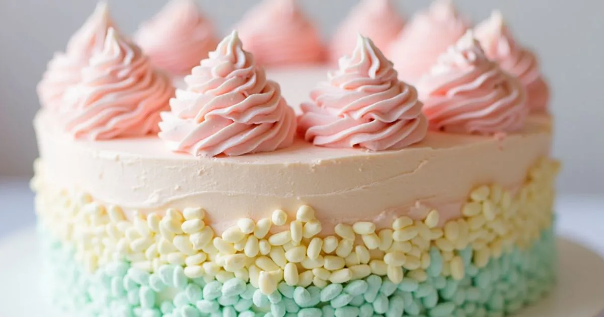 A colorful, fluffy cotton candy cake topped with spun sugar for a whimsical touch.