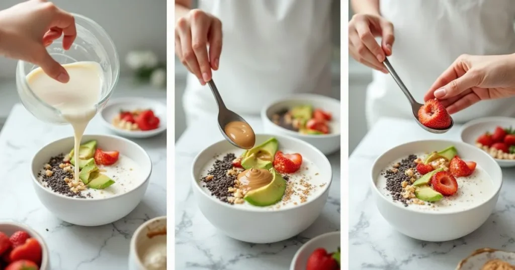  Step-by-step process of making a Vegan Keto Breakfast Bowl with almond milk, avocado slices, coconut yogurt, chia seeds, berries, and almond butter.