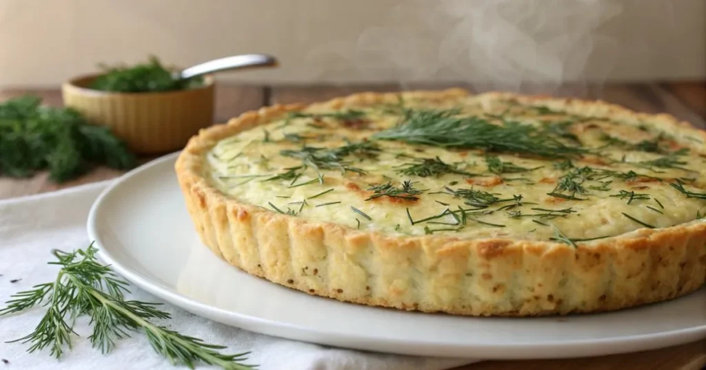 Herb-infused Passover potato pie, garnished with fresh herbs, perfect for Seder night.