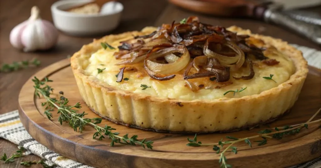 Savory Passover potato pie topped with caramelized onions and garlic for extra flavor.