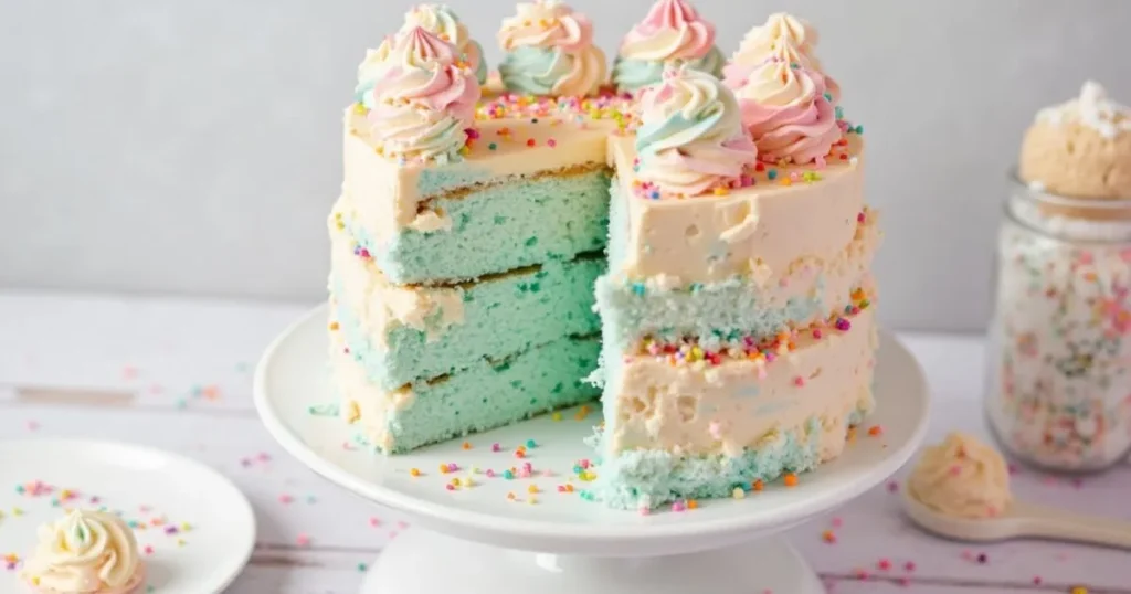 A perfectly made cotton candy cake with smooth layers and topped with fluffy, pastel-colored spun sugar.