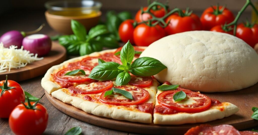 Fresh ingredients for making the perfect 14-inch pizza, including dough, cheese, vegetables, and toppings.