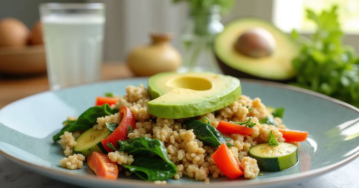 A delicious Low-Carb Vegetarian Breakfast Without Eggs plate featuring colorful veggies and healthy fats.